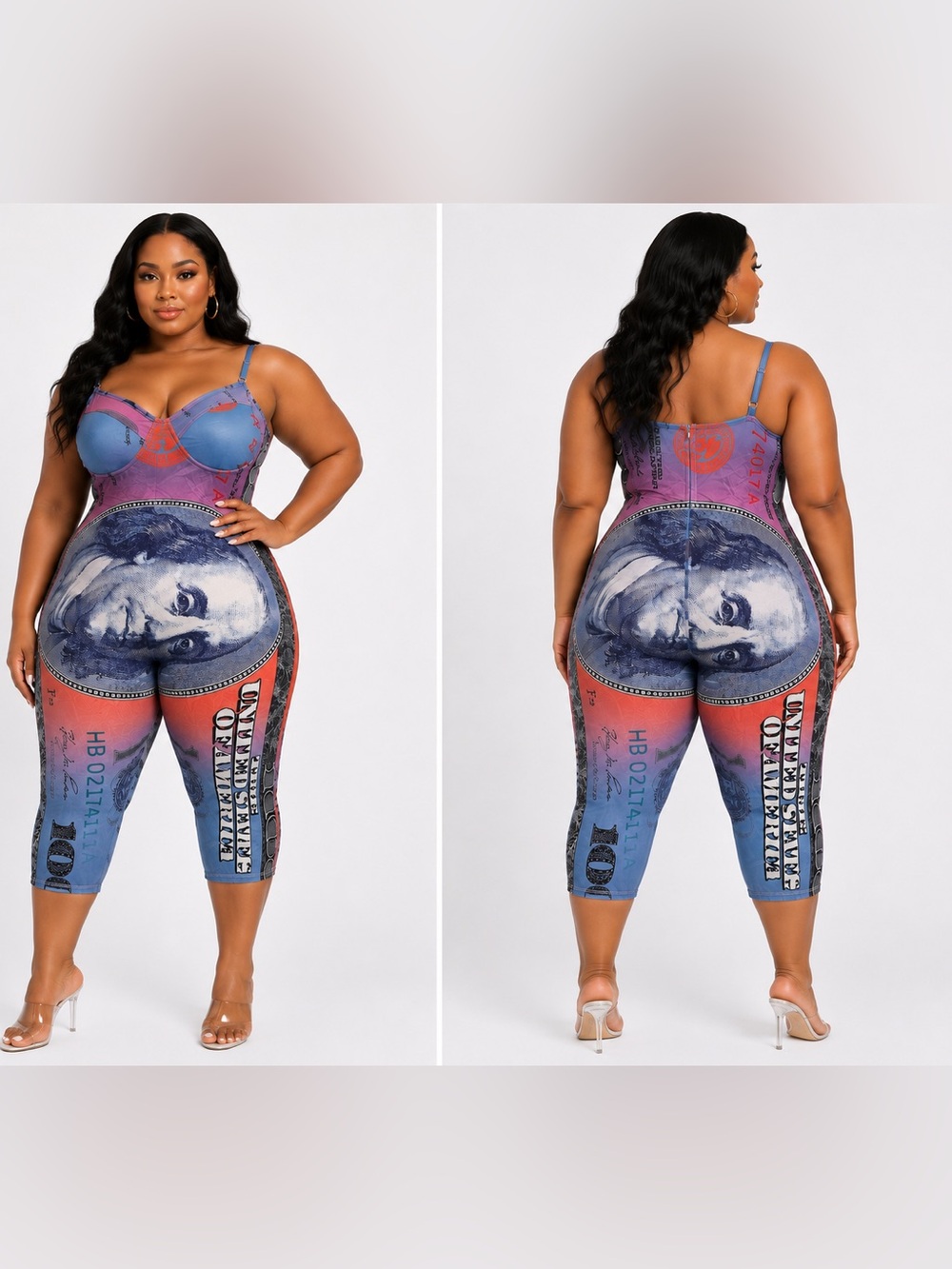 Plus Size Multi-Color Money Print Jumpsuit